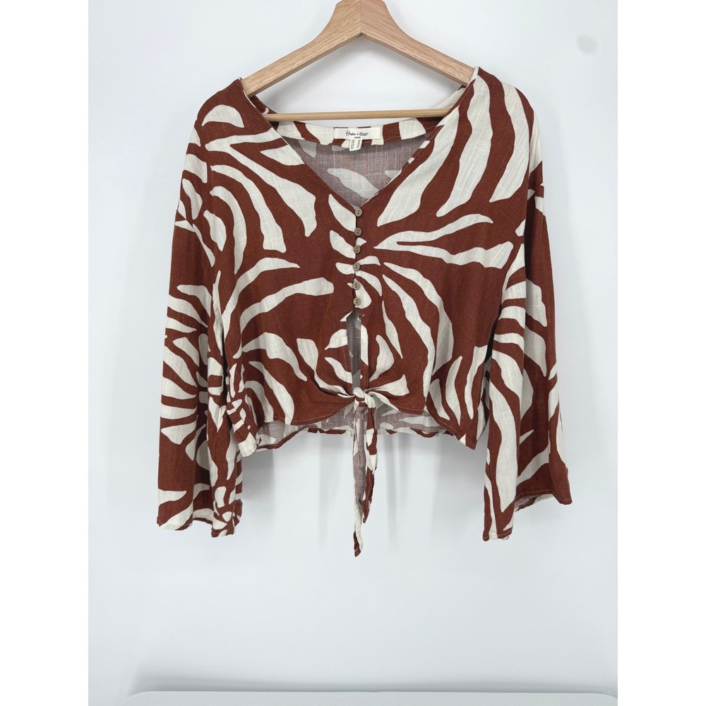 Haver + Blair Crop Top Blouse Women Medium Brown White Linen Blend Tie Front